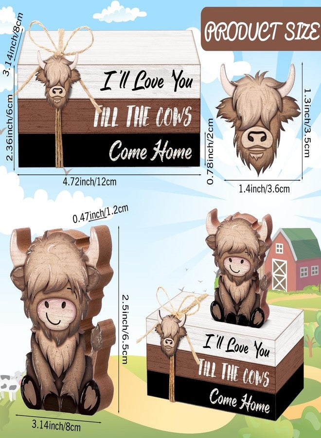 Anglechic 4 Pcs Highland Cow Wood Book Stacks Decor Highland Cow Wooden Tiered Tray Decor Rustic Table Centerpiece Block Signs Christmas Decorations for Home Dining Table Mantel Shelf - Image 2